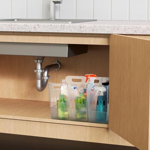 Peohud 3 Pack Freezer Organizer Bins with Wheels, Clear Plastic Pantry Storage Organizer with Handle, Tall Narrow Kitche