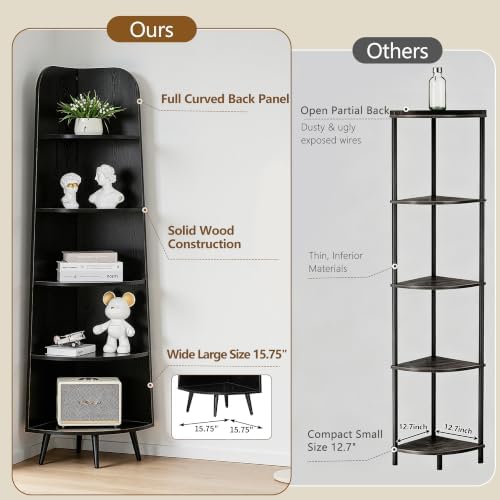 VECELO 5-Tier Curved Corner Shelf, 66.93" Tall Display Rack, Natuarl Wood | Curved modern design, 5 open tiers, 66.93" t