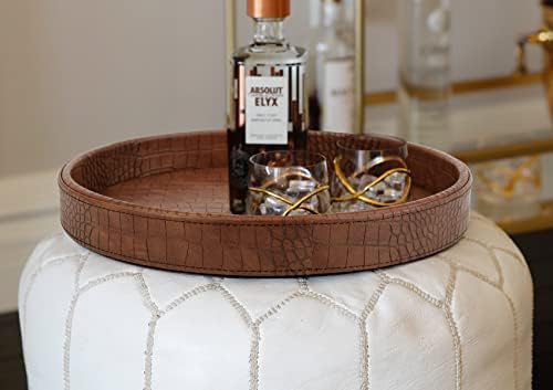 HofferRuffer Faux Leather Round Serving Tray, Vegan Croco Leather Decorative Food Tray for Storage Drinks, Snack & Cosme