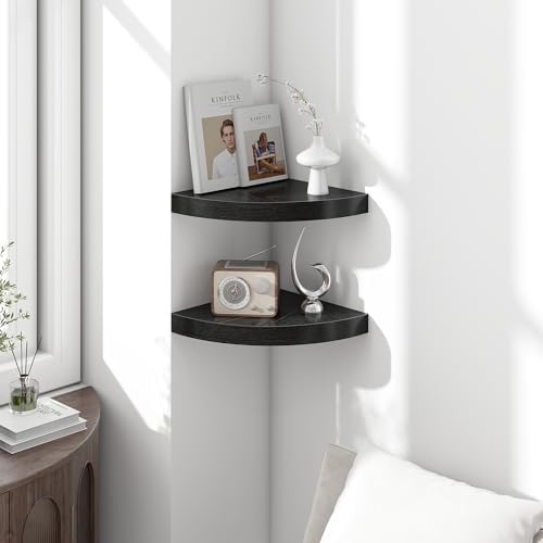 Fun Memories Floating Corner Shelves Set of 2 - Rustic Wood Wall Mounted Storage and Display Shelves for Living Room, Be