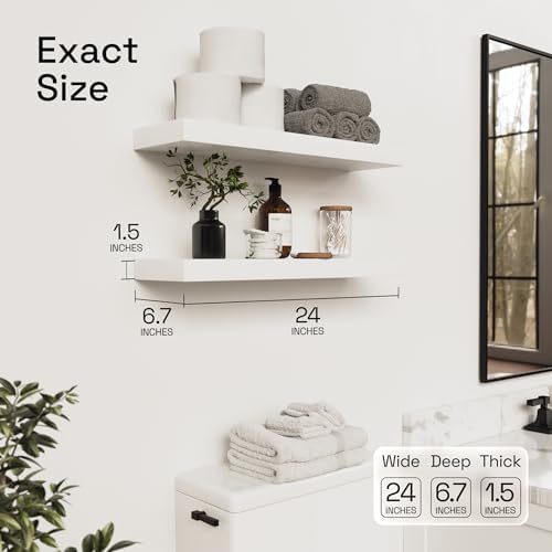 Solid Wood Floating Shelves for Wall 24 Inch White, Wooden Bathroom Shelf