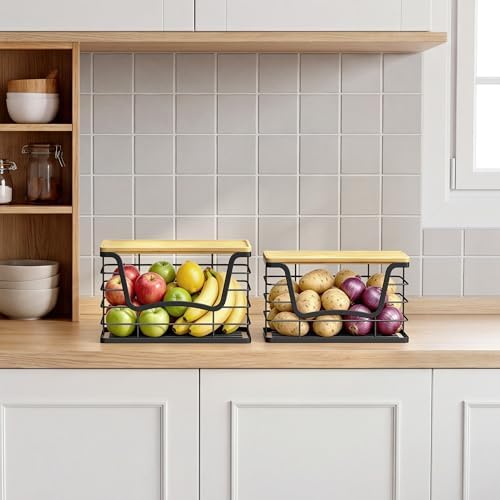 ALOCEO 2 Pack Stackable Wire Storage Basket with Bamboo Lid, Stainless Steel Extra Large Trash Bag Dispenser Roll Holder