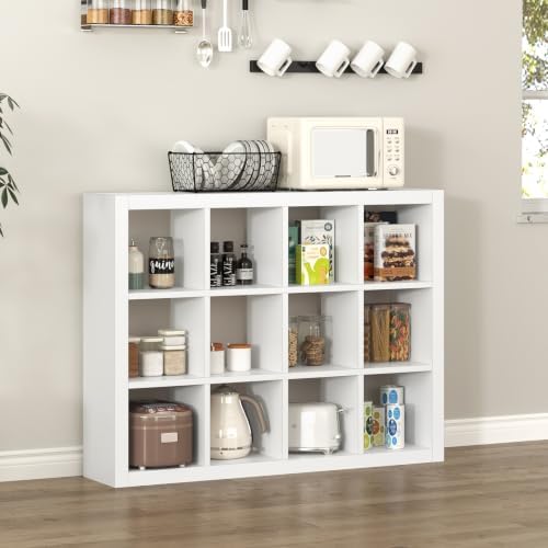 furtble 12-Cube Storage Organizer, Modern White Bookcase for Bedroom, Multifunctional Display Cube Bookshelf for Living 