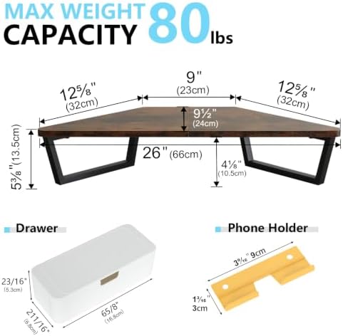 TEAMIX Corner Monitor Stand with Drawer and Phone Holder, 26x12.6x5.3in