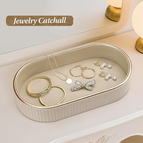 GORESE PU Leather Perfume Tray Nightstand Organizer, Small Oval Desk Tray Jewelry Trinket Trays Valet Organizer Key Bowl