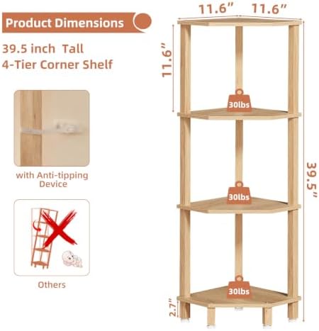 YUFAM 4-Tier Corner Shelf, Natural