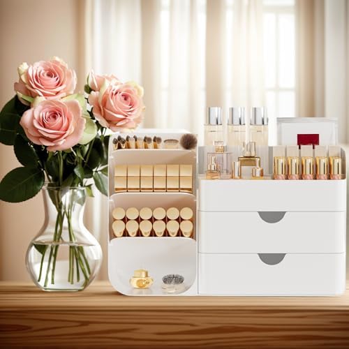 Makeup Organizer with 2 M Drawers & Brush Holders - Cosmetic Storage Case for Vanity, Bathroom Countertop & Desk - Skinc