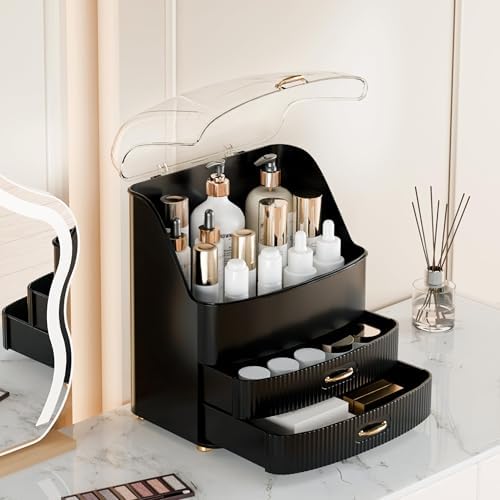 Makeup Organizer Countertop Vanity with Transparent Lid Drawers Waterproof Dustproof Cosmetic Skincare Bathroom Storage 