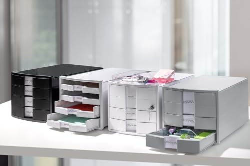 HAN IMPULS 2.0 Drawer Box with 3 Closed Drawers for DIN A4/C4 Including Labelling Labels, Document Box, Base with Pull-Out Lock, Furniture-Friendly Rubber Feet, 1017-12, White