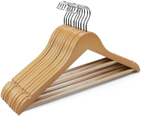 Premium Wooden Hangers 10 Pack, Solid Wood Hanger with Non Slip Pant Bar, Heavy Duty Wooden Coat Hanger, Smooth Finish Wood Clothes Hangers for Shirts, Suits, Jackets, Dress, Natural