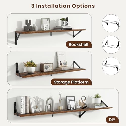 Axeman 36 Inch Floating Shelves, 8 Inch Deep Brown Wall Shelves Set of 2