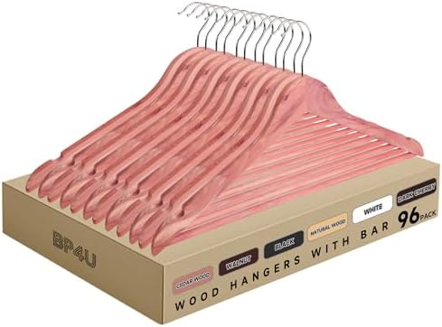 Wooden Clothes Hangers with Pants Bars, Cedar Wood, 96-Pack