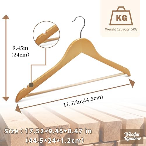 Premium Wooden Hangers 10 Pack, Solid Wood Hanger with Non Slip Pant Bar, Heavy Duty Wooden Coat Hanger, Smooth Finish Wood Clothes Hangers for Shirts, Suits, Jackets, Dress, Natural