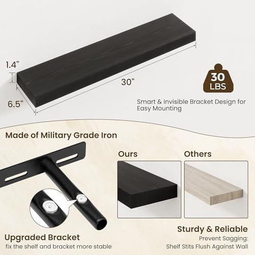 Axeman 30Inch Floating Shelves for Wall, 2 Packs, Invisible Brackets, Black