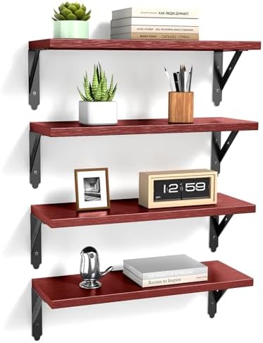 ROMGUAR CRAFT Wood Wall Floating Shelves Set of 4, 17" x 6" - Red