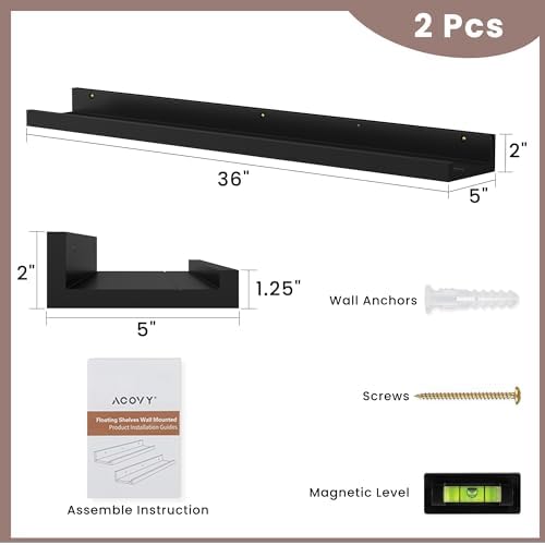 Acovy Floating Shelves for Wall, 36 inch Solid Wood Picture Ledge Shelf, Picture Shelf for Wall with Ledge, Floating Book Shelves for Living Room Bedroom Kitchen Nursery Decor, Black, Set of 2
