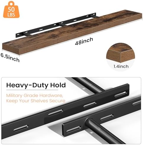 48 Inch Floating Shelves for Wall, Wood Wall Mounted Deep Storage Shelves with Invisible Brackets, Long Decorative Displ