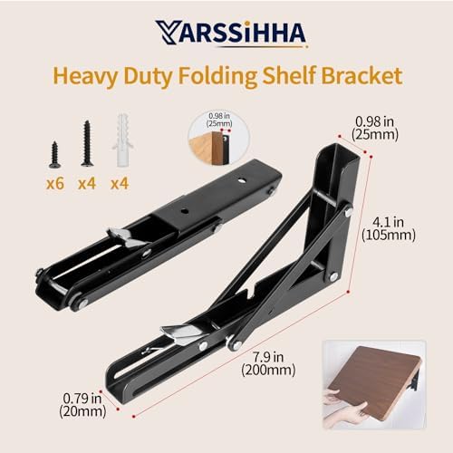 Yarssihha 8 Inch Folding Shelf Bracket, 2 Pack Heavy Duty Wall Mounted Foldable Brackets, Space-Saving Metal Collapsible