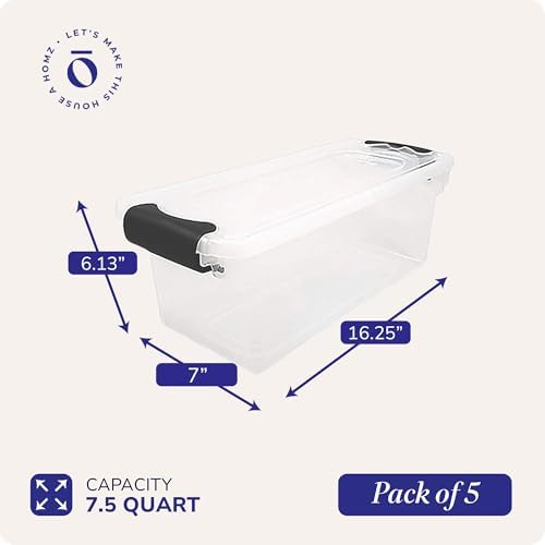 HOMZ Clear Plastic Storage Bins w/Latching Lid, 7.5 Qt, Gray Latch, 5 Pack