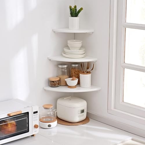 Corner Shelf, Solid Oak Wood Floating Corner Shelf Wall Mount Round End Floating Speaker with Wire Hole for Small Plant 