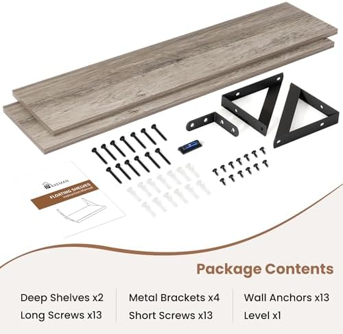 Axeman 48 Inch Floating Shelves, 8 Inch Deep Grey Wall Shelves Set of 2