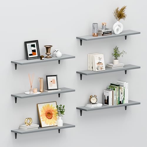 SKYSEN Floating Shelves for Wall Set of 6, 23.6in Wood Wall Shelf for Decor, Bathroom, Bedroom, Storage, Book,Kitchen, L
