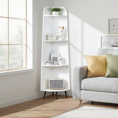 VECELO 4-Tier Curved Corner Shelf, 66.93" Tall Corner Bookshelf, White | Curved modern design, 4 open tiers, 66.93" tall