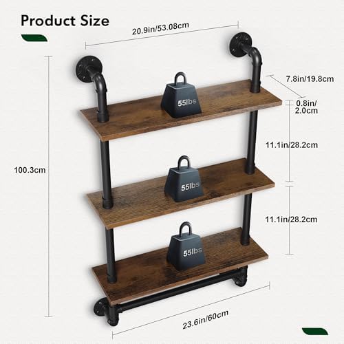 Merapi 24" 3 Tier Industrial Floating Shelves with Tower Bar