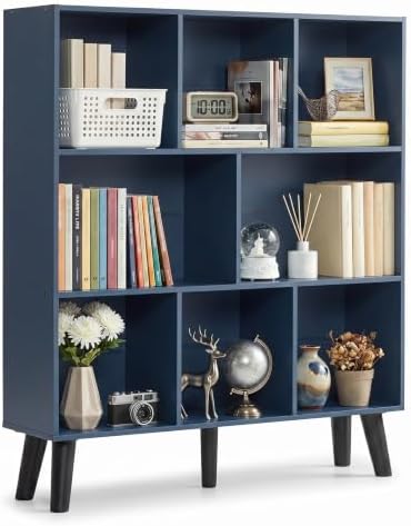 YAHARBO 8 Cube Bookshelf,3 Tier Bookcase with Legs,Dark Blue Mid-Century Modern Bookshelves,Large Free Standing Open Sto