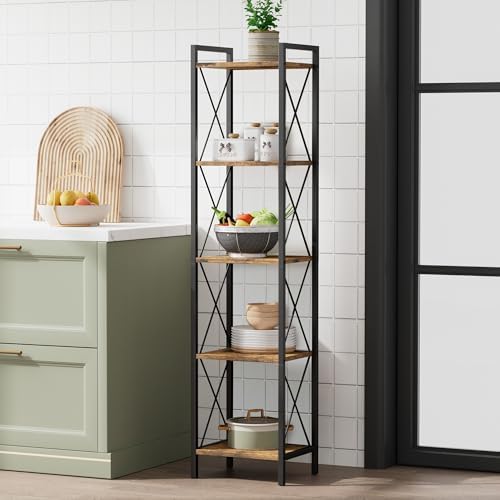 Homhedy 5 Tier Small Bookshelf, Tall Narrow Bookcase, Metal Book Shelf
