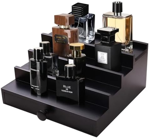 4 Tier Men's Cologne Organizer, Black Wooden Display Stand with Drawer