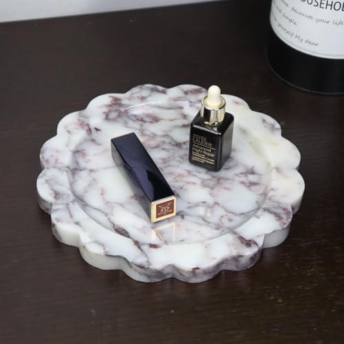 Round Marble Decorative Tray with Scalloped Edge, Luxury Natural Stone Bathroom Vanity Tray, Dresser Top Perfume Coffee 