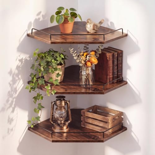Novabright Corner Floating Shelf Set of 3 Rustic Brown Wood 12 Inches