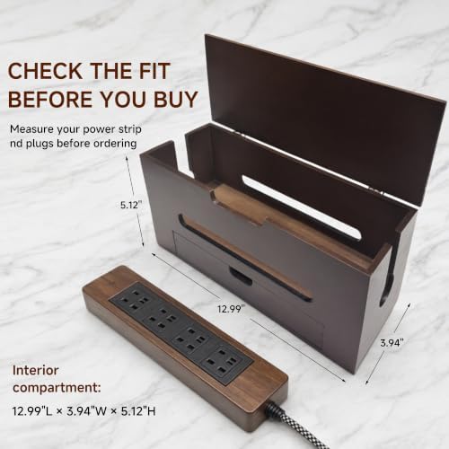 Cable Management Box with Storage Drawer, Wooden Cord Organizer Box