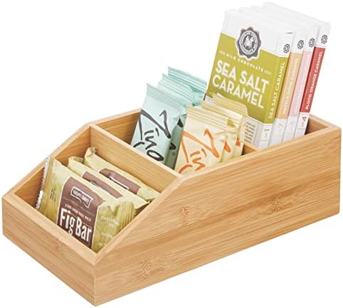 mDesign Bamboo Wood Food Storage Bin with Divided 3 Compartments and Sloped Front for Kitchen Cabinet, Pantry, Shelf to 