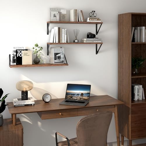 Heimlove Floating Shelves for Wall, 32 Inch Long Wood Floating Shelves Set of 3, Wall Mounted Hanging Shelf for Bathroom