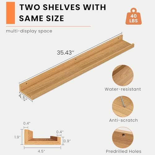 Heimlove Picture Ledge Shelf, Floating Shelves Set of 2, 36 Inches Picture Shelf for Wall with Ledge, Kids Bookshelf Wall Mounted for Living Room Bedroom Decor Books Photo Frames - Natural Oak