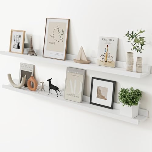 Acovy Long Floating Shelves for Wall, 48 inch Solid Wood Picture Ledge Shelf, Picture Shelf for Wall with Ledge, Floating Book Shelves for Living Room Bedroom Kitchen Nursery Decor, White, Set of 2
