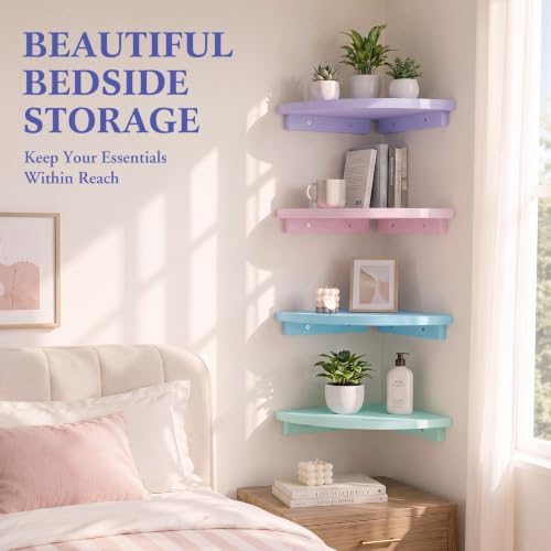 RattanView Corner Floating Shelves Set of 4 Macaron Corner Shelf Wall Mount