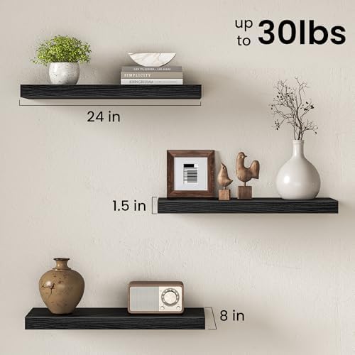 Fun Memories 24 Inch Deep Floating Shelves, Set of 2 Rustic Wood Wall Mounted Shelves with Invisible Brackets, Storage B