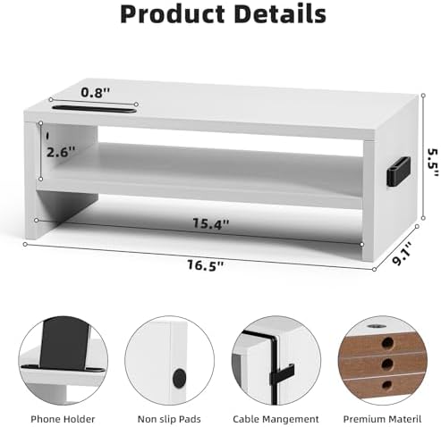 Marbrasse Wood Monitor Stand Riser,Desk Computer Printer Shelf Stand，White