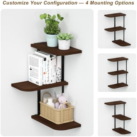 Love-KANKEI Large Corner Shelf 3-Tier, Solid Wood&Bracket, 17" Tall, Walnut