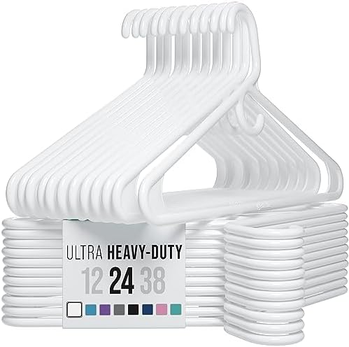 NEATERIZE Thick Heavy Duty Hangers - White Plastic Clothes Hangers 24 Pack - Great for Coat Hanger, Jackets Jeans & Suit Hanger for Closet - New Apartment Essentials Percheros Ganchos para Colgar Ropa
