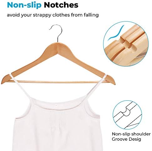 Non-Slip Wooden Hangers 20 Pack with Pant Bar, Natural Wood Suit Hangers for Shirts, Dresses, Pants & Jackets | Bulk Closet Hangers