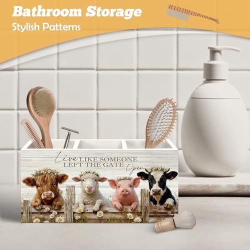 Farmhouse Highland Cow Sheep Pig Pen Holder Organizer for Desk Accessories, Live Like Someone Left the Gate Open Funny Animal Wooden Box Sign Desk Decorations for Home Office Decor