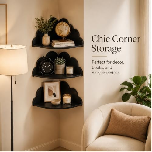Cloud Corner Floating Shelves, Set of 3 Wall Mounted Shelves, Black