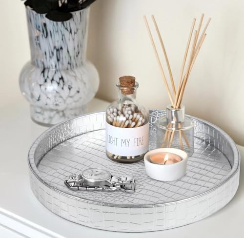 HofferRuffer Faux Leather Round Serving Tray, Vegan Croco Leather Decorative Tray, Food Tray for Storage Drinks, Snack &