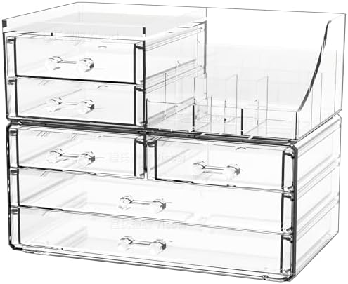 Cq acrylic Make Up Organizers for Vanity With 6 Drawers, 2 Pack Clear Drawer Organizers,Plastic Cute Desk Accessories Or