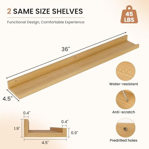 Dreamland Picture Ledge Shelf for Wall, Floating Shelves Set of 2, 36 Inch Long Floating Shelves with Lip for Living Room, Bedroom, Bathroom, Kitchen, Oak