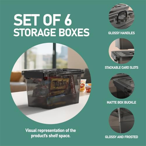 6 Pack Clear Black Plastic Storage Bins with Lids and Handles, Stackable Organizer Small Latch Boxes, Storage Containers